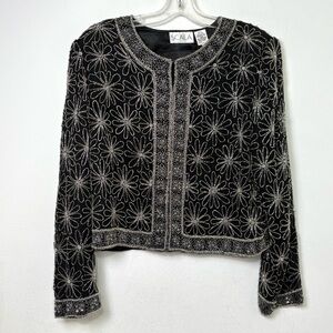 SCALA Embroidered Silk Formal Evening Jacket Silver Floral Beading